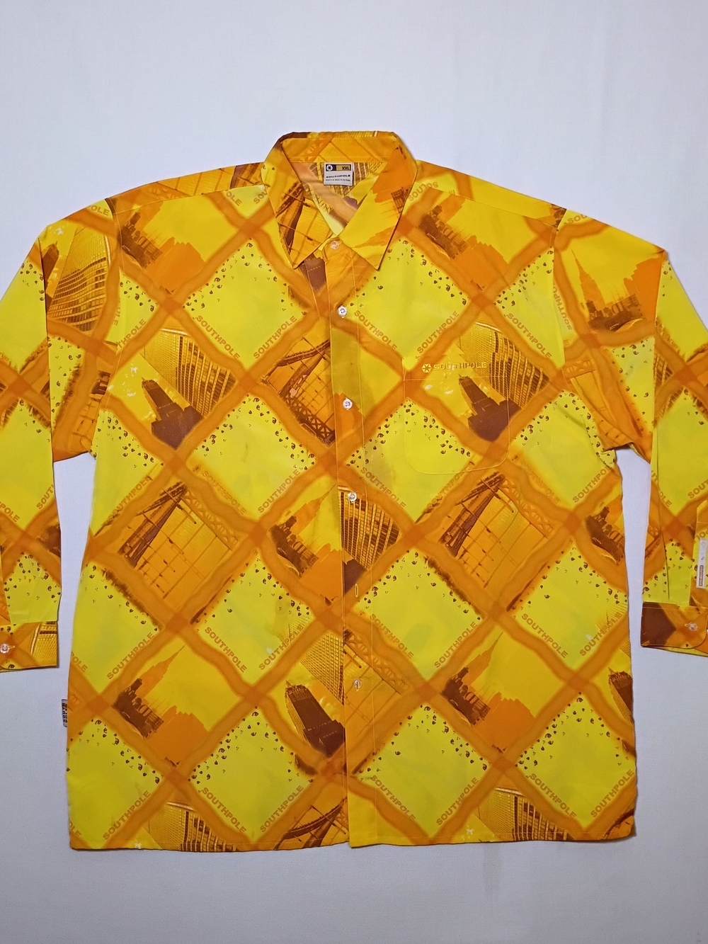 Vintage SouthPole Mens Satin Button Up Shirt XXL Skyscrapers Yellow Orange Y2K